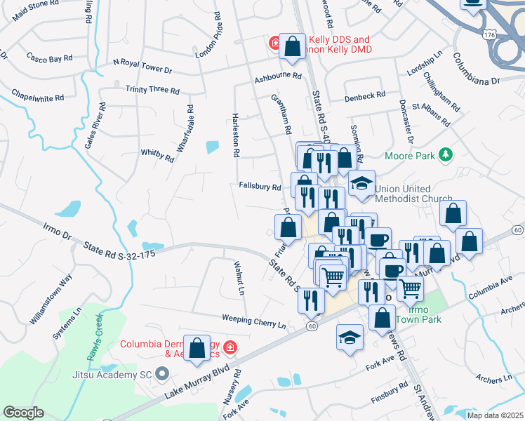 map of restaurants, bars, coffee shops, grocery stores, and more near 132 Thames Valley Court in Irmo