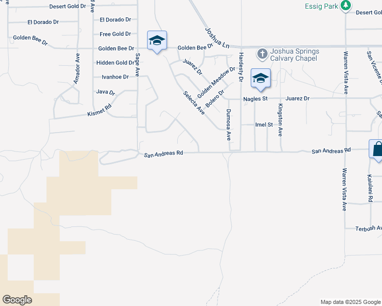 map of restaurants, bars, coffee shops, grocery stores, and more near San Andreas Road in Yucca Valley
