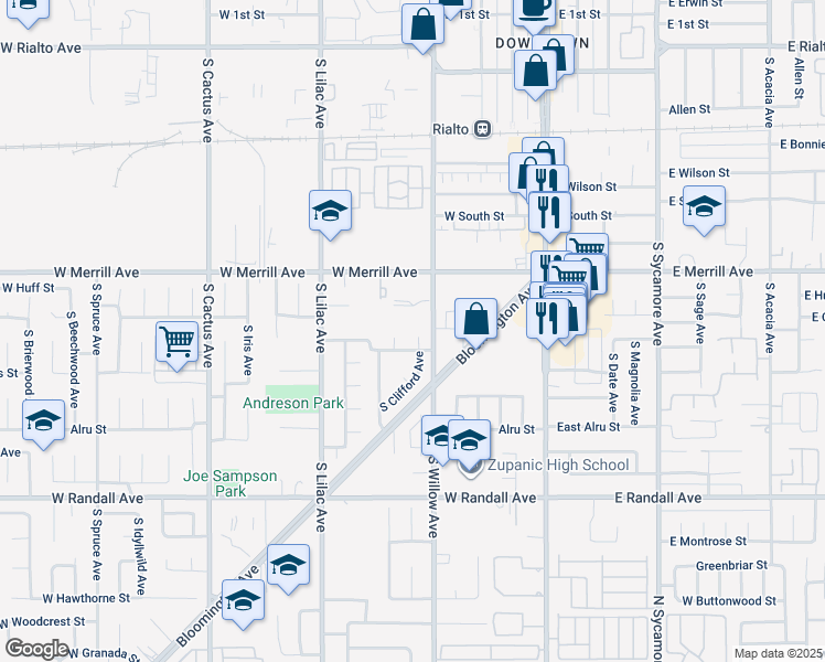 map of restaurants, bars, coffee shops, grocery stores, and more near 603 South Clifford Avenue in Rialto