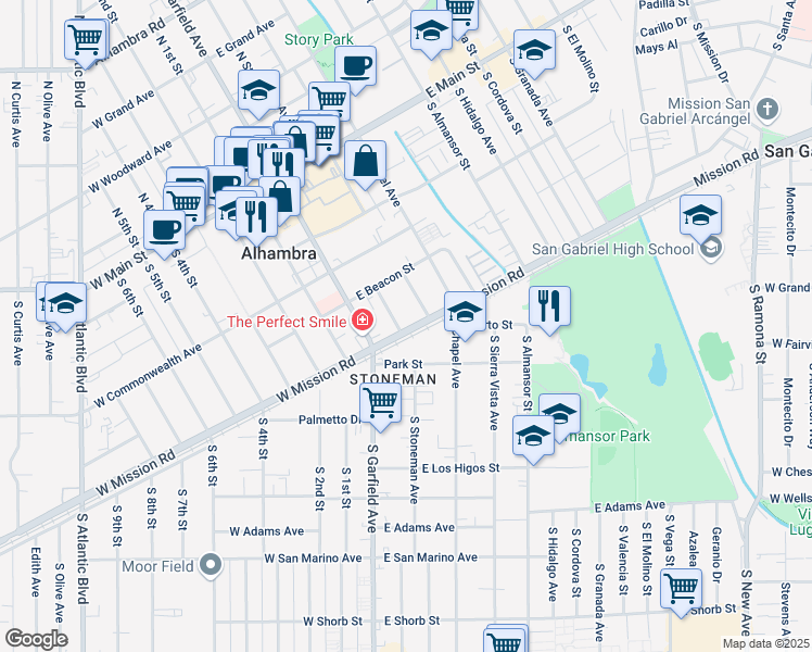 map of restaurants, bars, coffee shops, grocery stores, and more near 510 South Stoneman Avenue in Alhambra