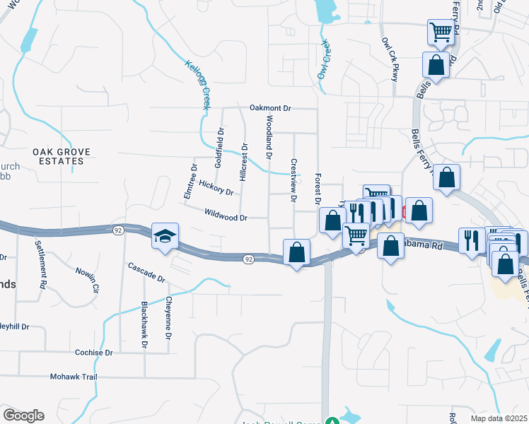map of restaurants, bars, coffee shops, grocery stores, and more near 1388 Wildwood Drive in Acworth