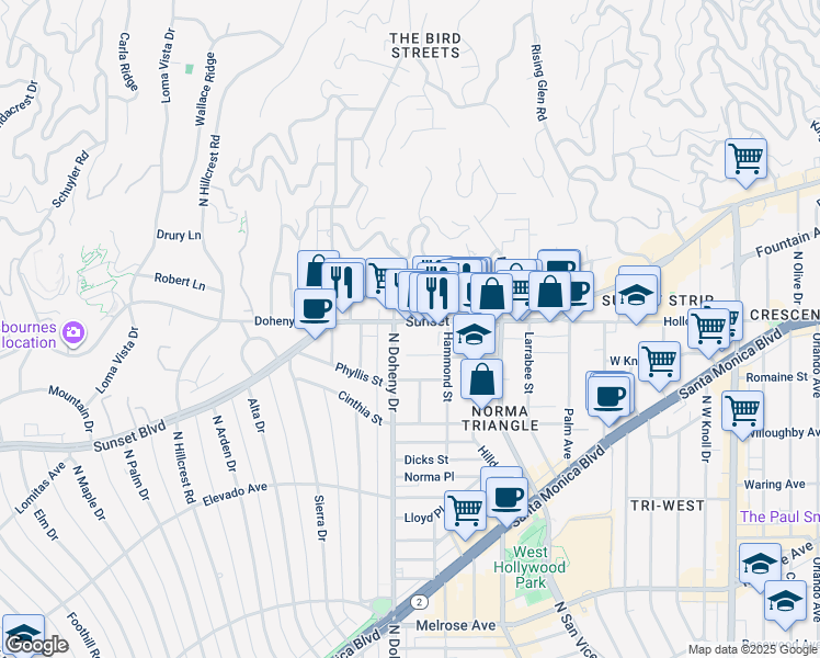 map of restaurants, bars, coffee shops, grocery stores, and more near 9040 Sunset Boulevard in West Hollywood