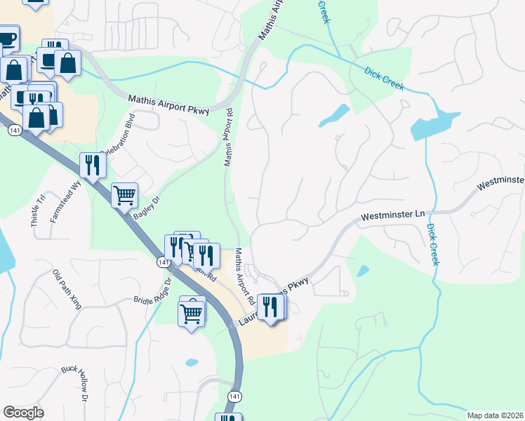 map of restaurants, bars, coffee shops, grocery stores, and more near 5520 Stoneleigh Drive in Suwanee