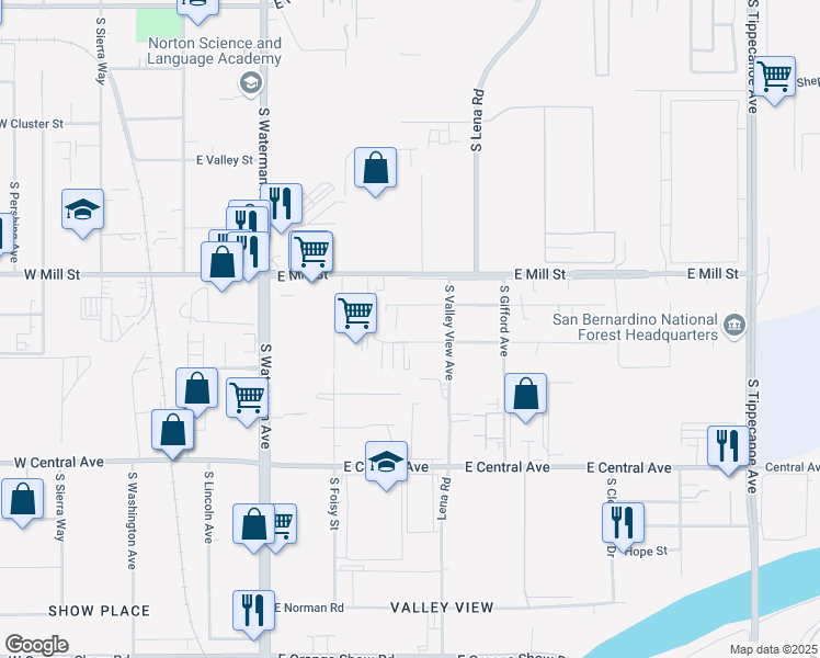 map of restaurants, bars, coffee shops, grocery stores, and more near 566 East Santa Fe Street in San Bernardino