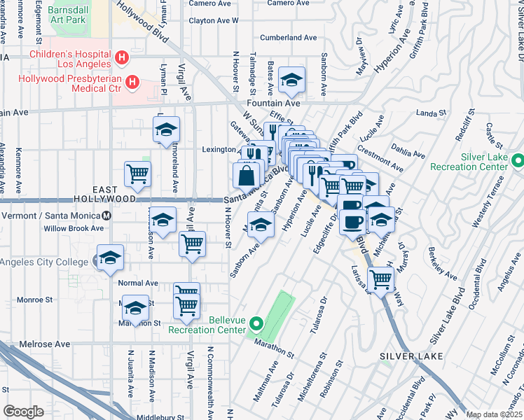 map of restaurants, bars, coffee shops, grocery stores, and more near 980 Manzanita Street in Los Angeles