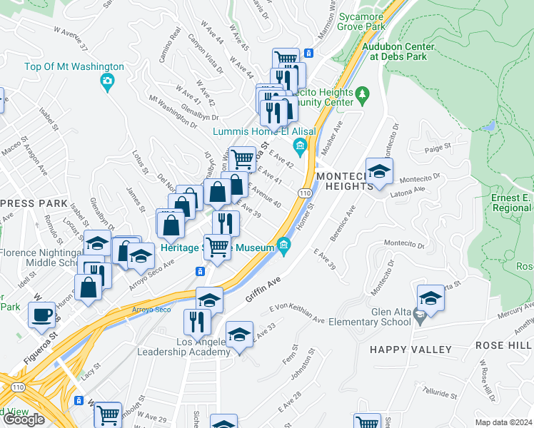map of restaurants, bars, coffee shops, grocery stores, and more near 217 East Avenue 39 in Los Angeles