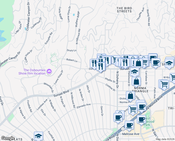 map of restaurants, bars, coffee shops, grocery stores, and more near 810 Sierra Drive in Beverly Hills