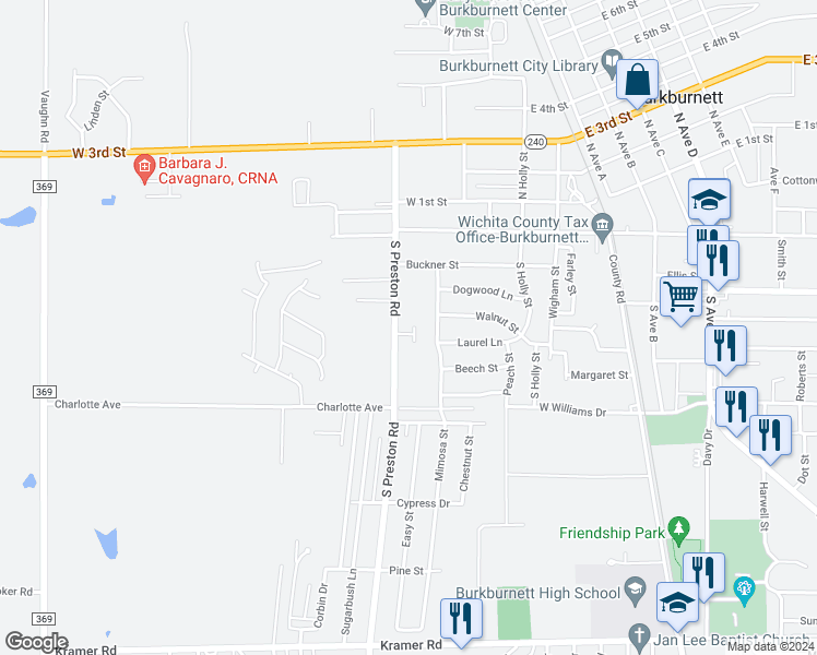 map of restaurants, bars, coffee shops, grocery stores, and more near 306 South Preston Road in Burkburnett