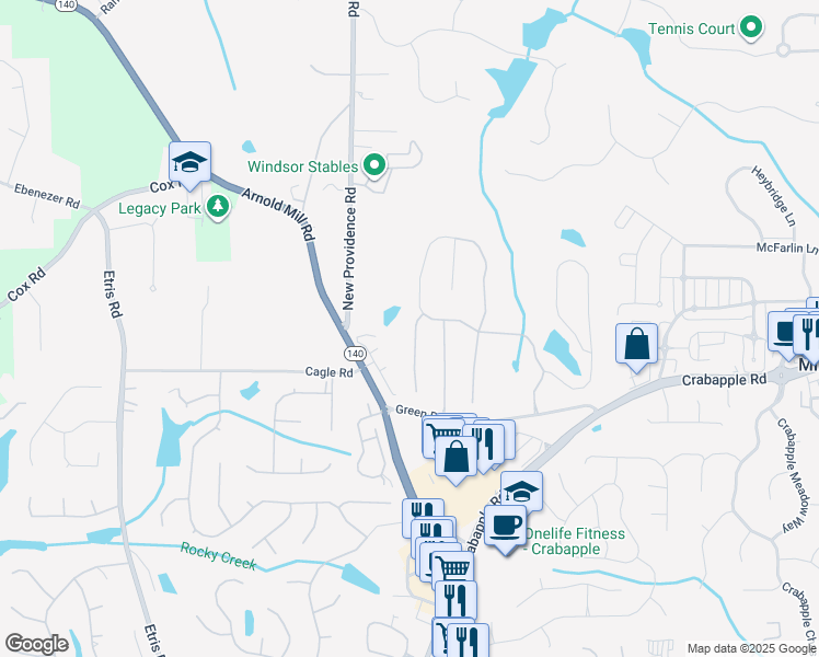 map of restaurants, bars, coffee shops, grocery stores, and more near 525 Stillhouse Lane in Alpharetta