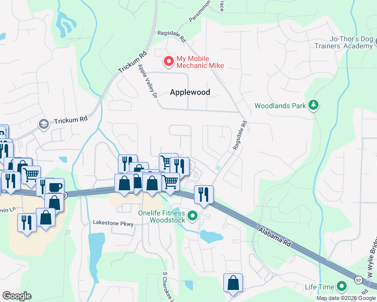 map of restaurants, bars, coffee shops, grocery stores, and more near 203 Weatherstone Pointe Drive in Woodstock