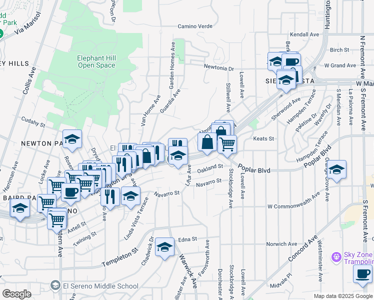 map of restaurants, bars, coffee shops, grocery stores, and more near 5227 Huntington Drive North in Los Angeles