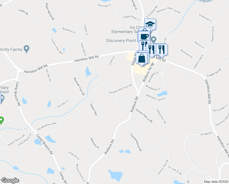 map of restaurants, bars, coffee shops, grocery stores, and more near Sag Harbor Lane in Buford
