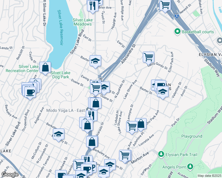 map of restaurants, bars, coffee shops, grocery stores, and more near 2133 Ewing Street in Los Angeles