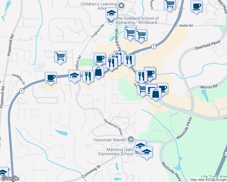 map of restaurants, bars, coffee shops, grocery stores, and more near 2691 Ashleigh Lane in Alpharetta