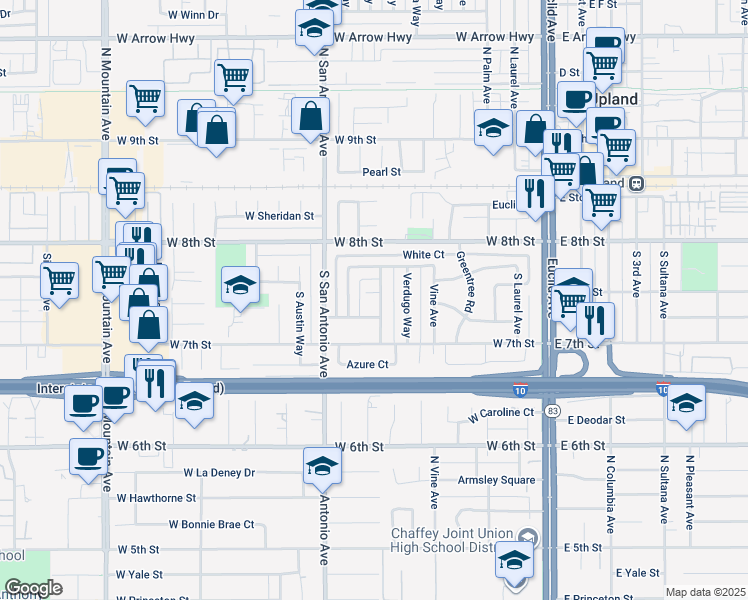 map of restaurants, bars, coffee shops, grocery stores, and more near 313 South Van Ness Avenue in Upland