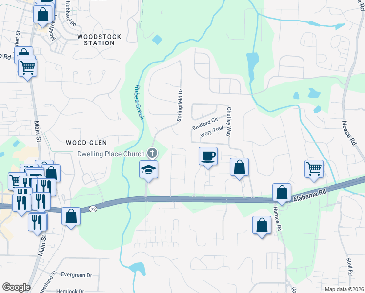 map of restaurants, bars, coffee shops, grocery stores, and more near 415 Village View in Woodstock