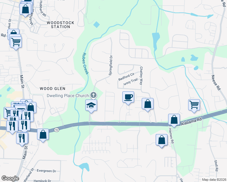 map of restaurants, bars, coffee shops, grocery stores, and more near 415 Village View in Woodstock