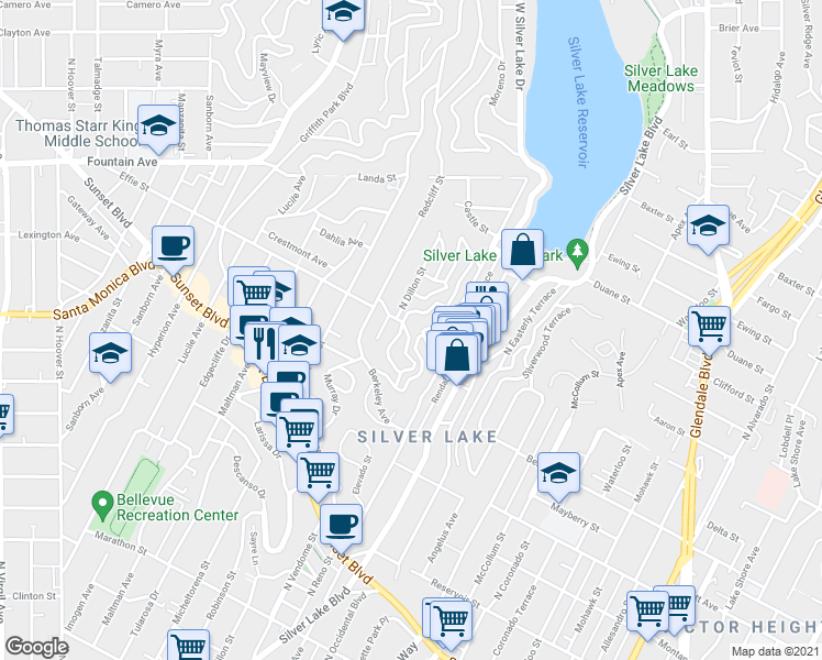 map of restaurants, bars, coffee shops, grocery stores, and more near 1678 Rotary Drive in Los Angeles