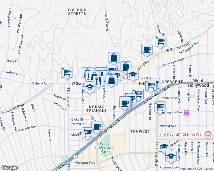 map of restaurants, bars, coffee shops, grocery stores, and more near in West Hollywood