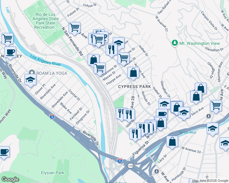 map of restaurants, bars, coffee shops, grocery stores, and more near 2623 Merced Street in Los Angeles
