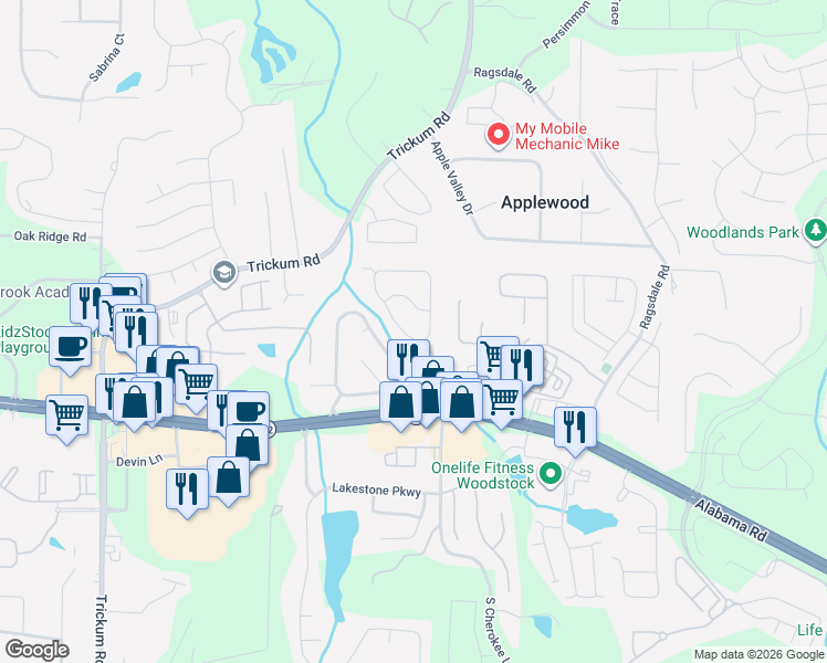 map of restaurants, bars, coffee shops, grocery stores, and more near 116 Weatherstone Drive in Woodstock