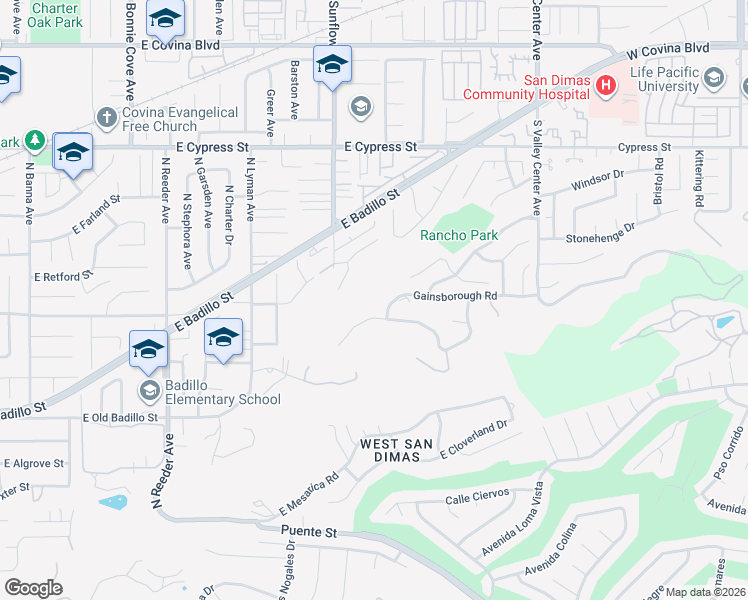map of restaurants, bars, coffee shops, grocery stores, and more near 1745 Gainsborough Road in San Dimas