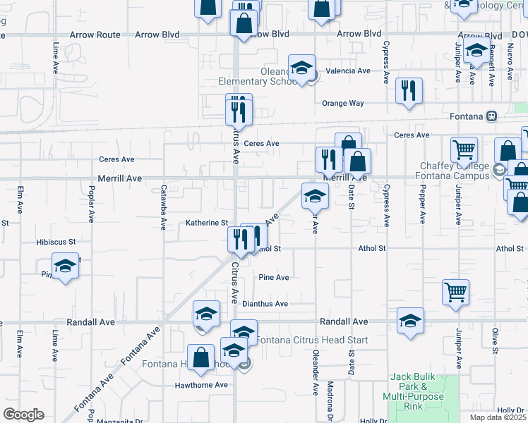 map of restaurants, bars, coffee shops, grocery stores, and more near 16171 Winterwood Lane in Fontana