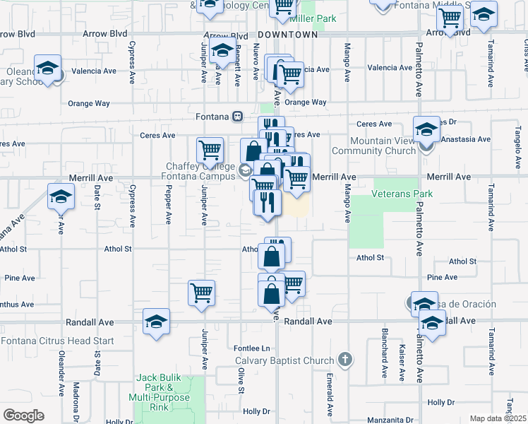 map of restaurants, bars, coffee shops, grocery stores, and more near 8990 Sierra Avenue in Fontana