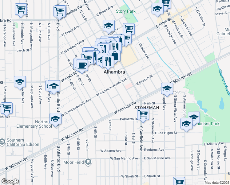 map of restaurants, bars, coffee shops, grocery stores, and more near 317 S 2nd St in Alhambra