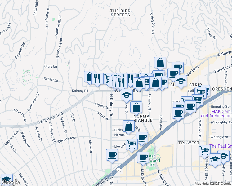 map of restaurants, bars, coffee shops, grocery stores, and more near 9040 Sunset Boulevard in West Hollywood