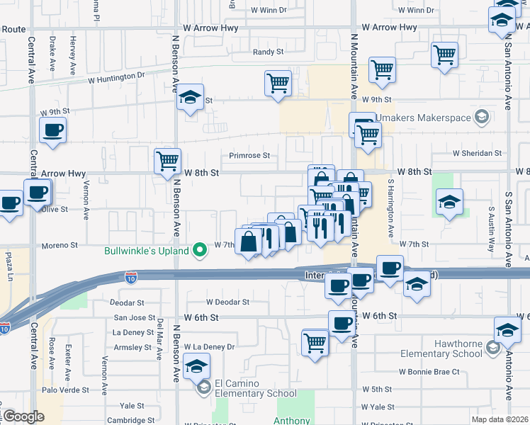 map of restaurants, bars, coffee shops, grocery stores, and more near 315 South Spencer Avenue in Upland