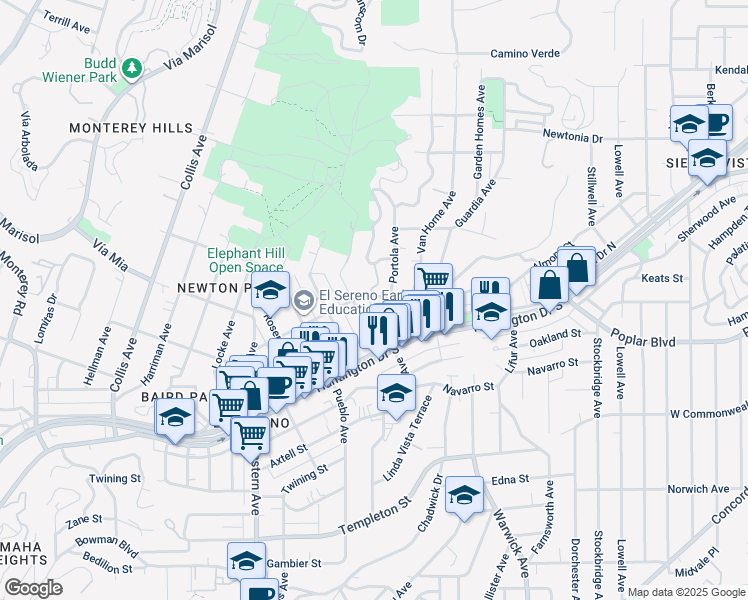 map of restaurants, bars, coffee shops, grocery stores, and more near 5060 Novgorod Street in Los Angeles