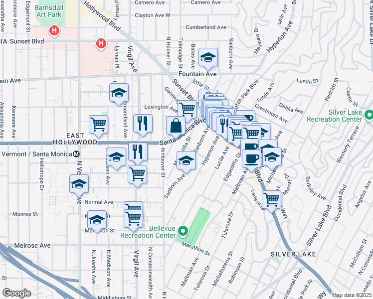 map of restaurants, bars, coffee shops, grocery stores, and more near 980 Manzanita Street in Los Angeles