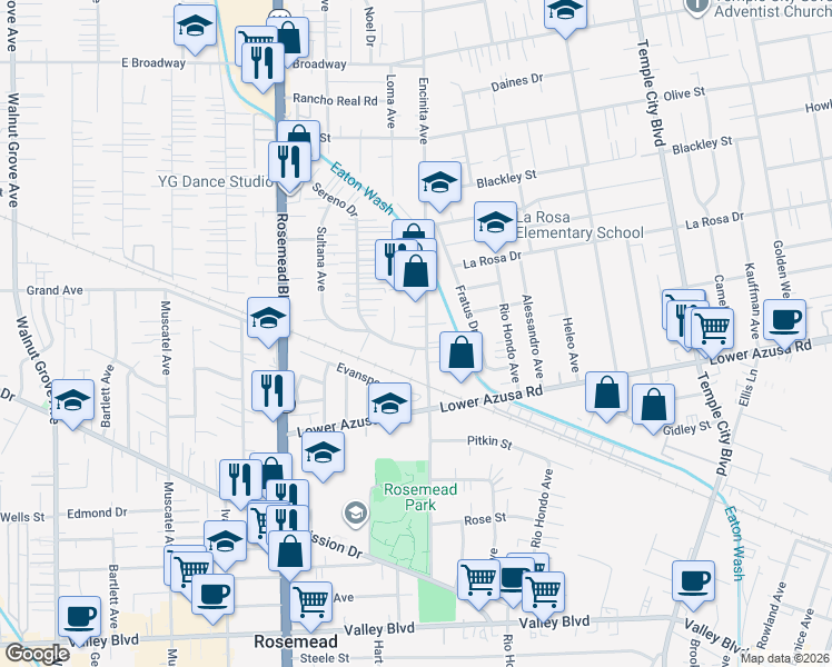 map of restaurants, bars, coffee shops, grocery stores, and more near 4917 Encinita Avenue in Temple City