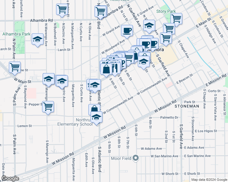 map of restaurants, bars, coffee shops, grocery stores, and more near 609 Irving Street in Alhambra