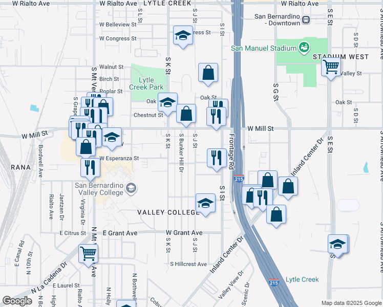 map of restaurants, bars, coffee shops, grocery stores, and more near 568 South J Street in San Bernardino