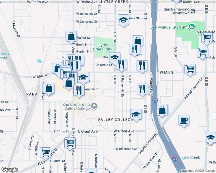 map of restaurants, bars, coffee shops, grocery stores, and more near 1153 Huff Street West in San Bernardino