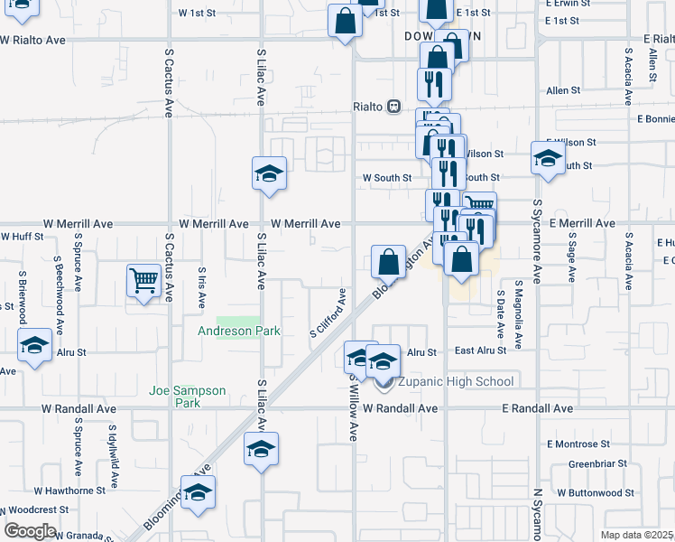 map of restaurants, bars, coffee shops, grocery stores, and more near 603 South Clifford Avenue in Rialto