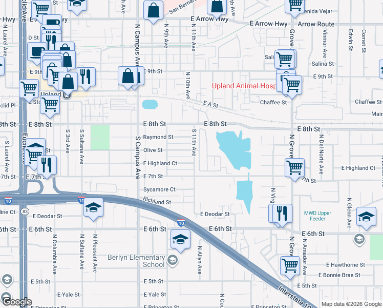 map of restaurants, bars, coffee shops, grocery stores, and more near 1038 Olive Street in Upland