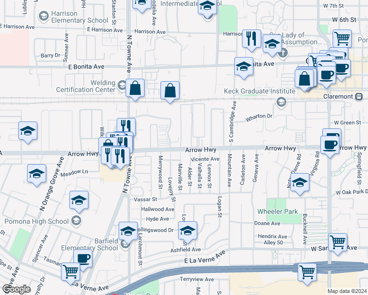 map of restaurants, bars, coffee shops, grocery stores, and more near 941 West Arrow Highway in Claremont