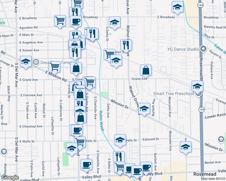 map of restaurants, bars, coffee shops, grocery stores, and more near 4807 Earle Avenue in Rosemead