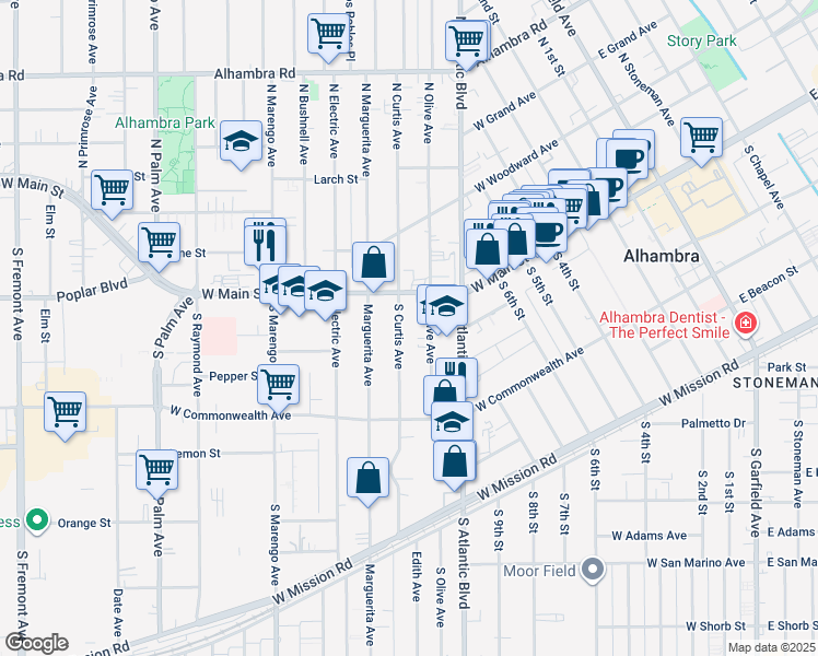 map of restaurants, bars, coffee shops, grocery stores, and more near 26 South Curtis Avenue in Alhambra
