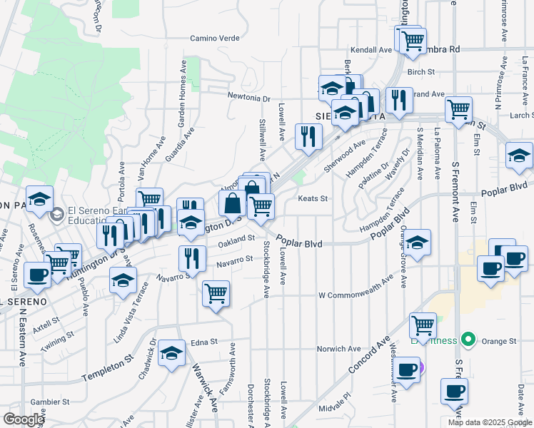 map of restaurants, bars, coffee shops, grocery stores, and more near 5380 Huntington Drive North in Los Angeles
