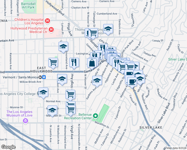 map of restaurants, bars, coffee shops, grocery stores, and more near 4019 Del Mar Avenue in Los Angeles