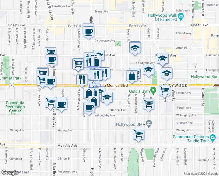 map of restaurants, bars, coffee shops, grocery stores, and more near in Los Angeles