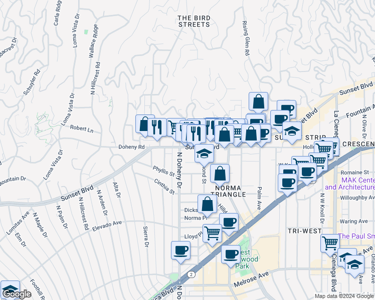 map of restaurants, bars, coffee shops, grocery stores, and more near 9034 Sunset Boulevard in West Hollywood