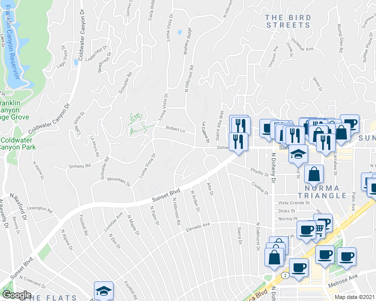 map of restaurants, bars, coffee shops, grocery stores, and more near 400 Doheny Road in Beverly Hills