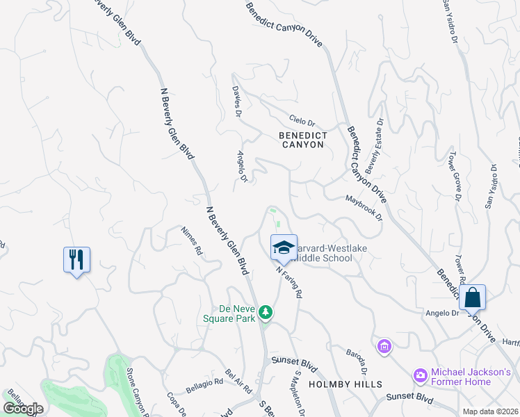 map of restaurants, bars, coffee shops, grocery stores, and more near 719 North Faring Road in Los Angeles