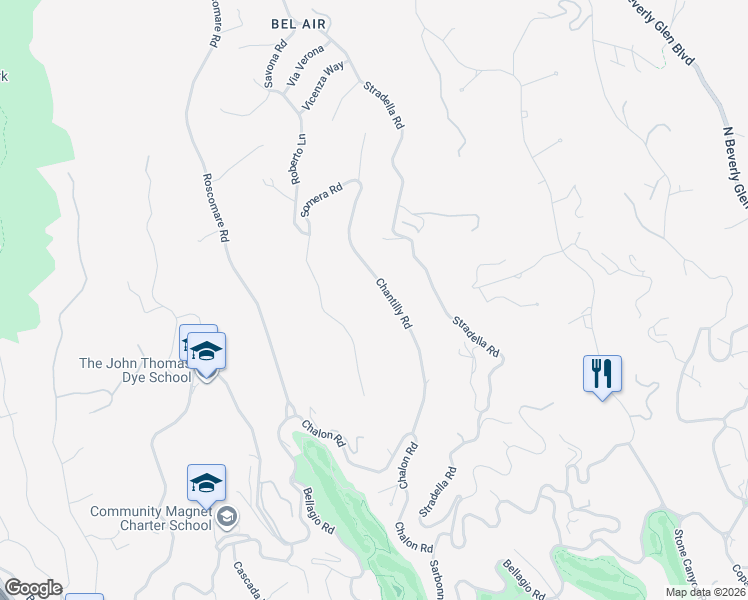 map of restaurants, bars, coffee shops, grocery stores, and more near 1049 Chantilly Road in Los Angeles