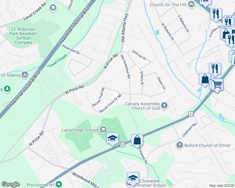 map of restaurants, bars, coffee shops, grocery stores, and more near 4500 Browning Trail Northeast in Sugar Hill